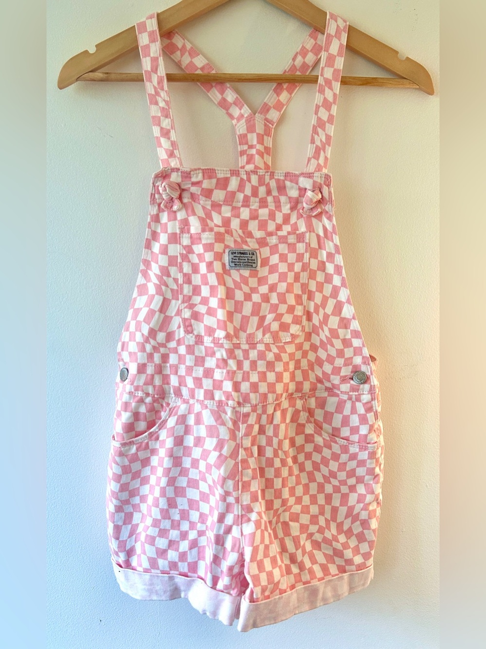 Levi’s Premium Cotton Red Tag Denim Shortalls • Pink Checker • Big Girls Size 16